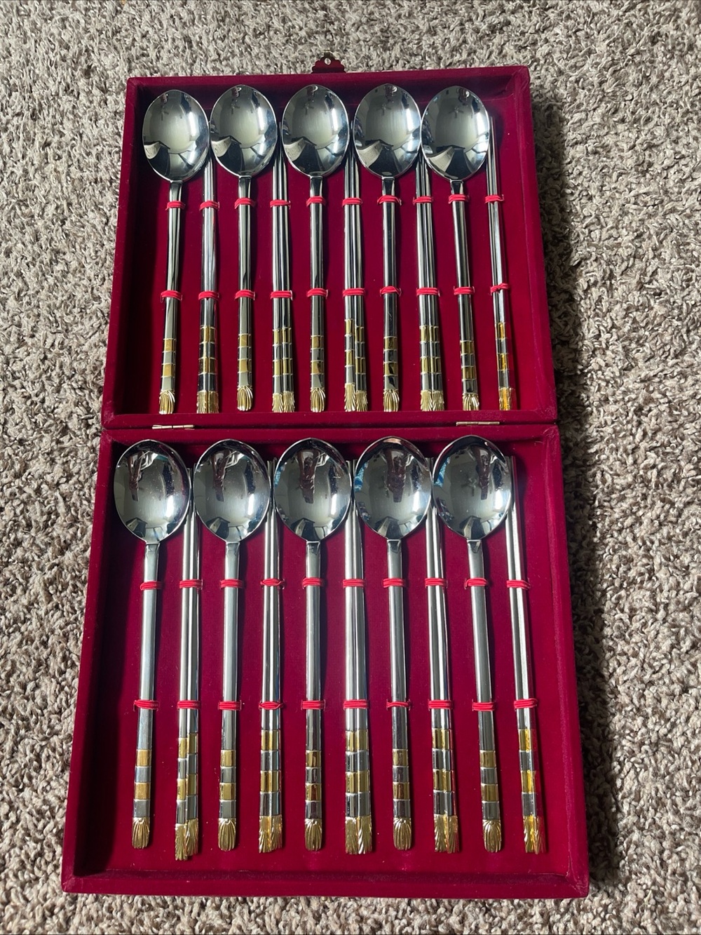 Gold-Trim Stainless Spoon and chopsticks Set with Red Accents